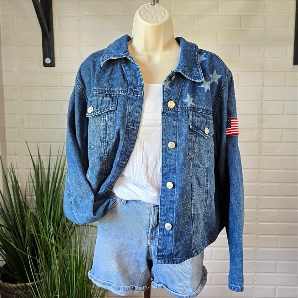 Baccini Star Patterned Denim Button Up Jacket Size 16 Or Large Extra Large